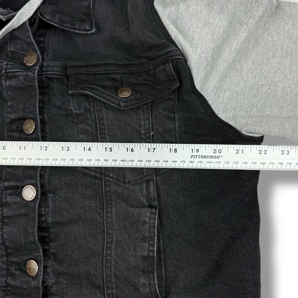 Risen Layered Denim Jacket Removable Hood Womens 2XL Black Distressed Gray Terry